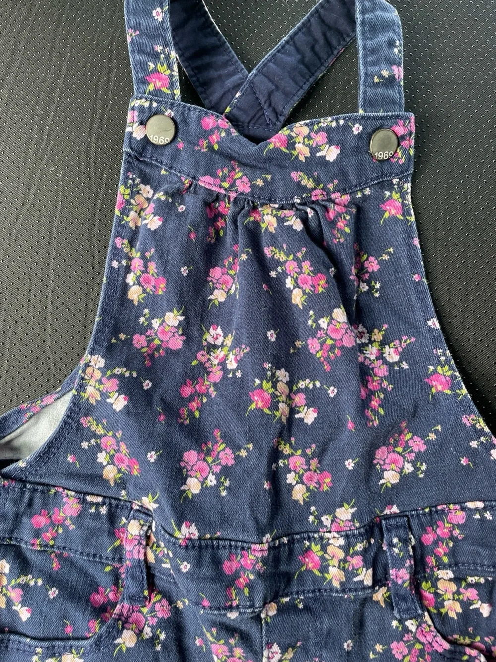 GAP Navy Floral Denim Short Overalls with Pink & Cream Flowers